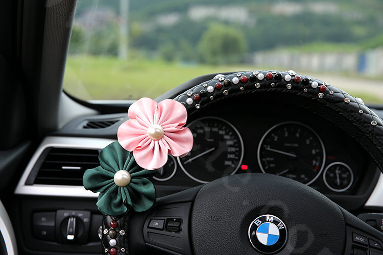 Luxury Crystal Beads Pearl Flower Car Steering Wheel Covers Genuine Leather 14 inch 36CM - Black