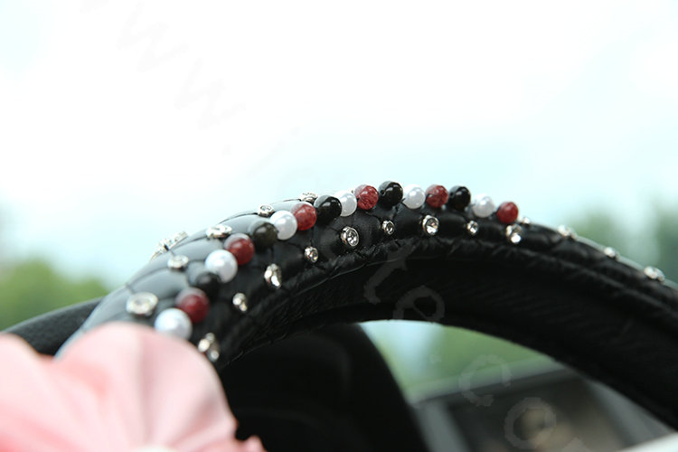 Luxury Crystal Beads Pearl Flower Car Steering Wheel Covers Genuine Leather 14 inch 36CM - Black