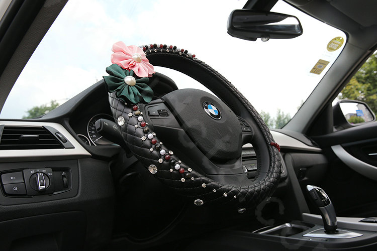 Luxury Crystal Beads Pearl Flower Car Steering Wheel Covers Genuine Leather 14 inch 36CM - Black