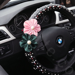 Luxury Crystal Beads Pearl Flower Car Steering Wheel Covers Genuine Leather 14 inch 36CM - Black