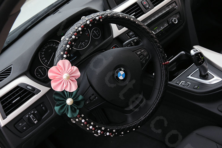 Luxury Crystal Beads Pearl Flower Car Steering Wheel Covers Genuine Leather 16 inch 40CM - Black
