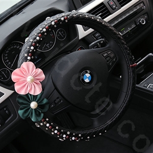 Luxury Crystal Beads Pearl Flower Car Steering Wheel Covers Genuine Leather 16 inch 40CM - Black