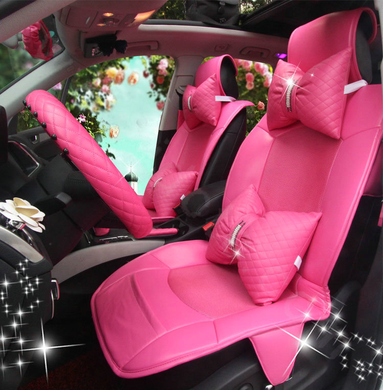 Luxury Cute PU Leather Universal Car Seat Covers Fashion Female Auto Cushion 14pcs Sets - Rose