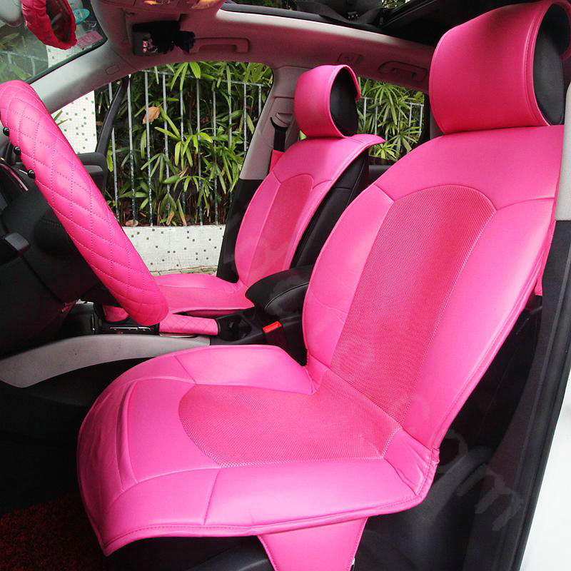 Luxury Cute PU Leather Universal Car Seat Covers Fashion Female Auto Cushion 14pcs Sets - Rose