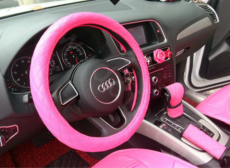 Luxury Cute PU Leather Universal Car Seat Covers Fashion Female Auto Cushion 14pcs Sets - Rose