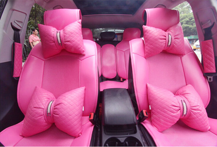 Luxury Cute PU Leather Universal Car Seat Covers Fashion Female Auto Cushion 14pcs Sets - Rose