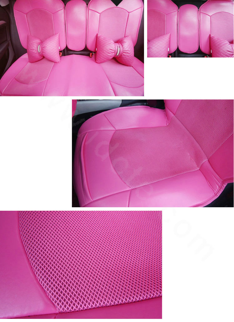 Luxury Cute PU Leather Universal Car Seat Covers Fashion Female Auto Cushion 14pcs Sets - Rose