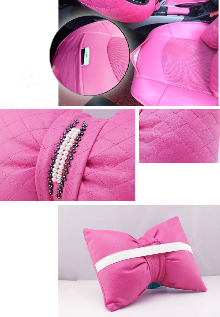 Luxury Cute PU Leather Universal Car Seat Covers Fashion Female Auto Cushion 14pcs Sets - Rose