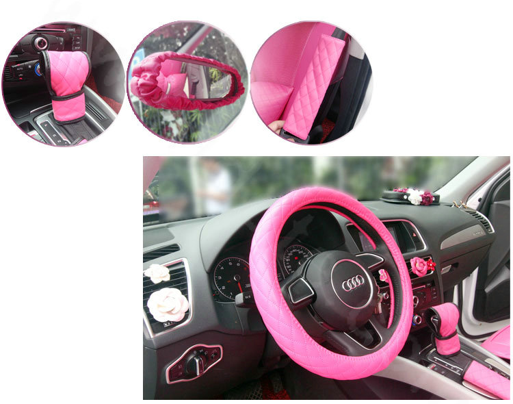 Luxury Cute PU Leather Universal Car Seat Covers Fashion Female Auto Cushion 14pcs Sets - Rose