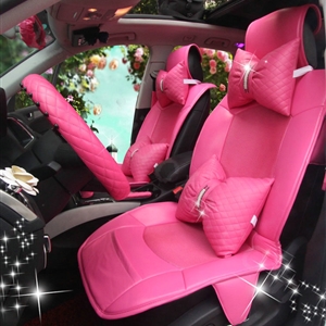 Luxury Cute PU Leather Universal Car Seat Covers Fashion Female Auto Cushion 14pcs Sets - Rose