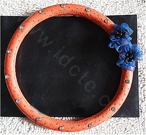 Luxury Diamond Beads Flowers Genuine Leather Car Steering Wheel Covers 15 inch 38CM - Orange