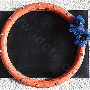 Luxury Diamond Beads Flowers Genuine Leather Car Steering Wheel Covers 15 inch 38CM - Orange