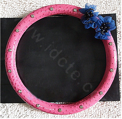 Luxury Diamond Beads Flowers Genuine Leather Car Steering Wheel Covers 15 inch 38CM - Rose