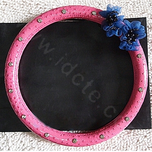 Luxury Diamond Beads Flowers Genuine Leather Car Steering Wheel Covers 15 inch 38CM - Rose