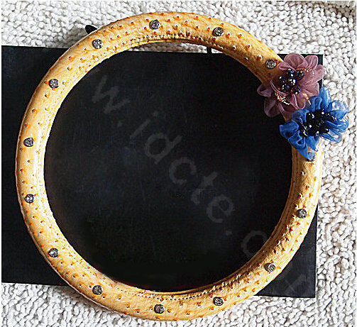 Luxury Diamond Beads Flowers Genuine Leather Car Steering Wheel Covers 15 inch 38CM - Yellow