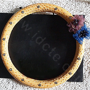 Luxury Diamond Beads Flowers Genuine Leather Car Steering Wheel Covers 15 inch 38CM - Yellow