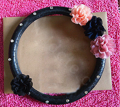 Luxury Diamond Flowers Genuine Leather Car Steering Wheel Covers 15 inch 38CM - Black