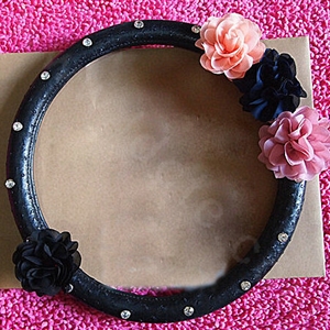 Luxury Diamond Flowers Genuine Leather Car Steering Wheel Covers 15 inch 38CM - Black