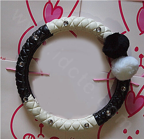 Luxury Diamond Fox Fur Ball Car Steering Wheel Covers Genuine Leather 15 inch 38CM - Black White