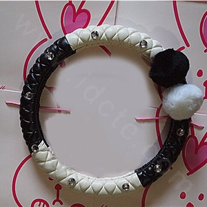 Luxury Diamond Fox Fur Ball Car Steering Wheel Covers Genuine Leather 15 inch 38CM - Black White
