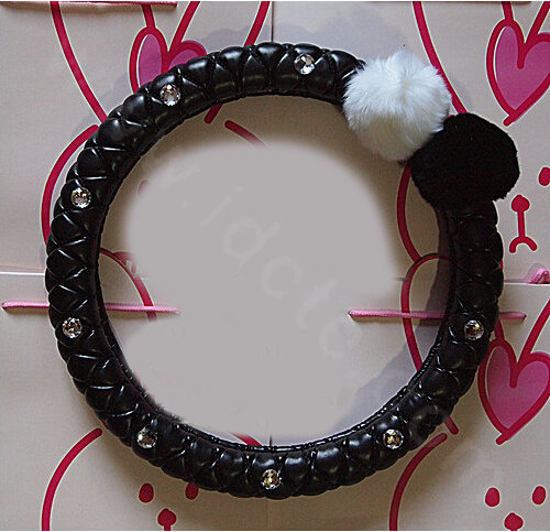 Luxury Diamond Fox Fur Ball Car Steering Wheel Covers Genuine Leather 15 inch 38CM - Black