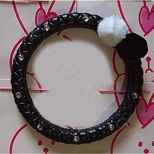 Luxury Diamond Fox Fur Ball Car Steering Wheel Covers Genuine Leather 15 inch 38CM - Black