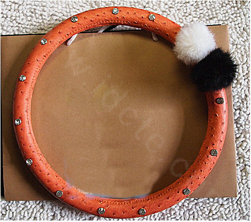 Luxury Diamond Fox Fur Ball Car Steering Wheel Covers Genuine Leather 15 inch 38CM - Orange