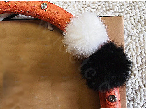 Luxury Diamond Fox Fur Ball Car Steering Wheel Covers Genuine Leather 15 inch 38CM - Orange