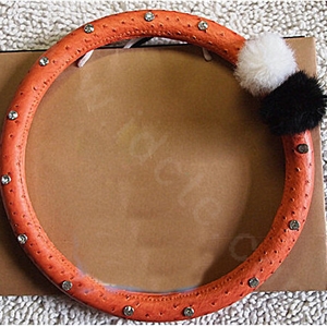 Luxury Diamond Fox Fur Ball Car Steering Wheel Covers Genuine Leather 15 inch 38CM - Orange