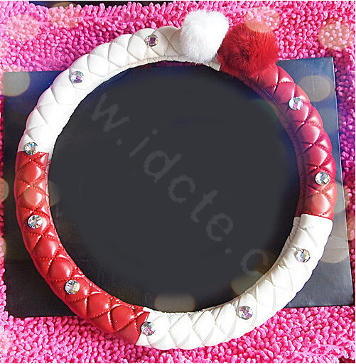 Luxury Diamond Fox Fur Ball Car Steering Wheel Covers Genuine Leather 15 inch 38CM - Red White