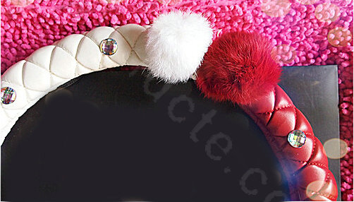 Luxury Diamond Fox Fur Ball Car Steering Wheel Covers Genuine Leather 15 inch 38CM - Red White