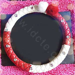 Luxury Diamond Fox Fur Ball Car Steering Wheel Covers Genuine Leather 15 inch 38CM - Red White