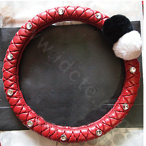 Luxury Diamond Fox Fur Ball Car Steering Wheel Covers Genuine Leather 15 inch 38CM - Red