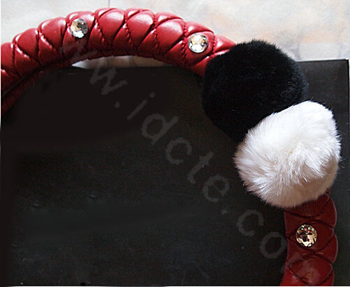 Luxury Diamond Fox Fur Ball Car Steering Wheel Covers Genuine Leather 15 inch 38CM - Red