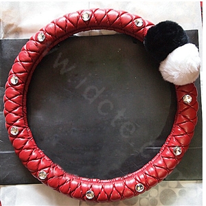 Luxury Diamond Fox Fur Ball Car Steering Wheel Covers Genuine Leather 15 inch 38CM - Red