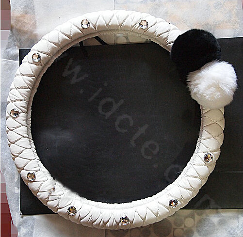 Luxury Diamond Fox Fur Ball Car Steering Wheel Covers Genuine Leather 15 inch 38CM - White