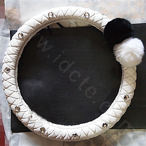 Luxury Diamond Fox Fur Ball Car Steering Wheel Covers Genuine Leather 15 inch 38CM - White