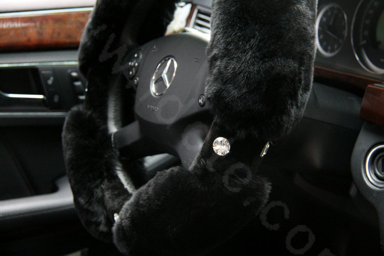 Luxury Diamond Genuine Wool With Rabbit Fur Auto Steering Wheel Covers 15 inch 38CM - Black