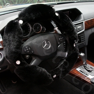 Luxury Diamond Genuine Wool With Rabbit Fur Auto Steering Wheel Covers 15 inch 38CM - Black
