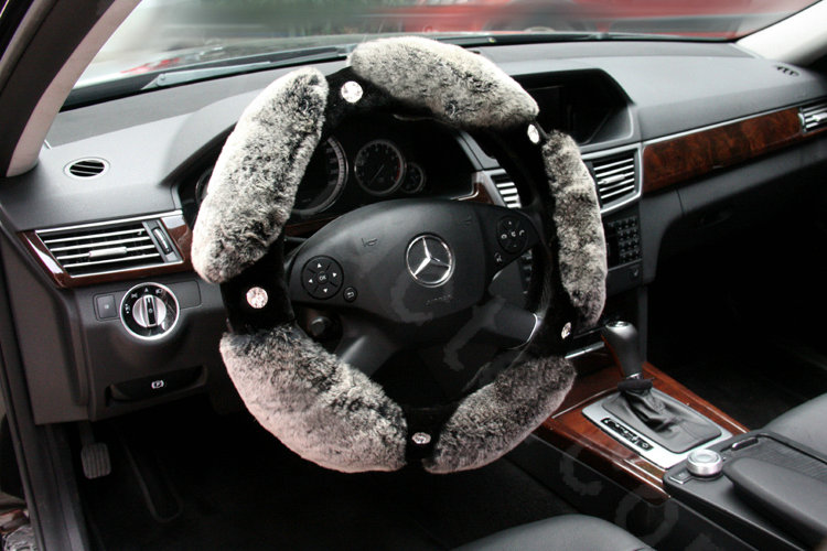 Luxury Diamond Genuine Wool With Rabbit Fur Auto Steering Wheel Covers 15 inch 38CM - Gray