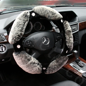 Luxury Diamond Genuine Wool With Rabbit Fur Auto Steering Wheel Covers 15 inch 38CM - Gray