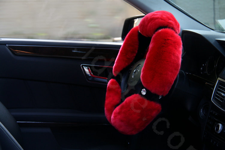 Luxury Diamond Genuine Wool With Rabbit Fur Auto Steering Wheel Covers 15 inch 38CM - Red