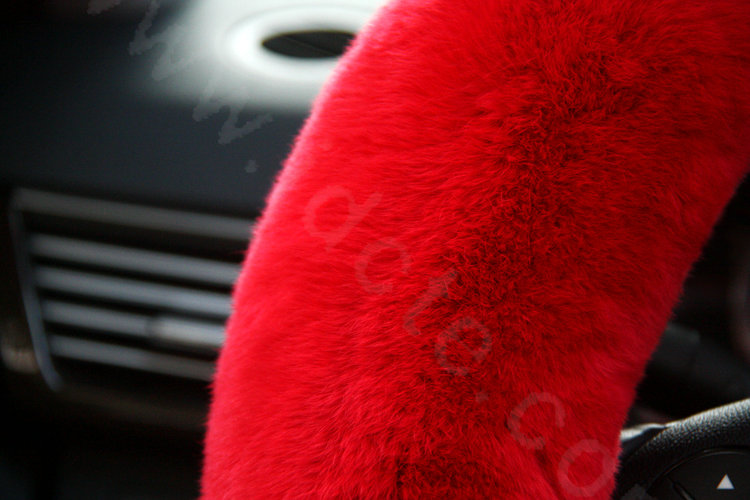 Luxury Diamond Genuine Wool With Rabbit Fur Auto Steering Wheel Covers 15 inch 38CM - Red