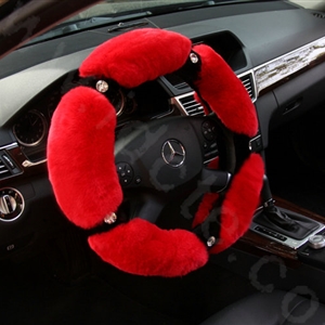 Luxury Diamond Genuine Wool With Rabbit Fur Auto Steering Wheel Covers 15 inch 38CM - Red