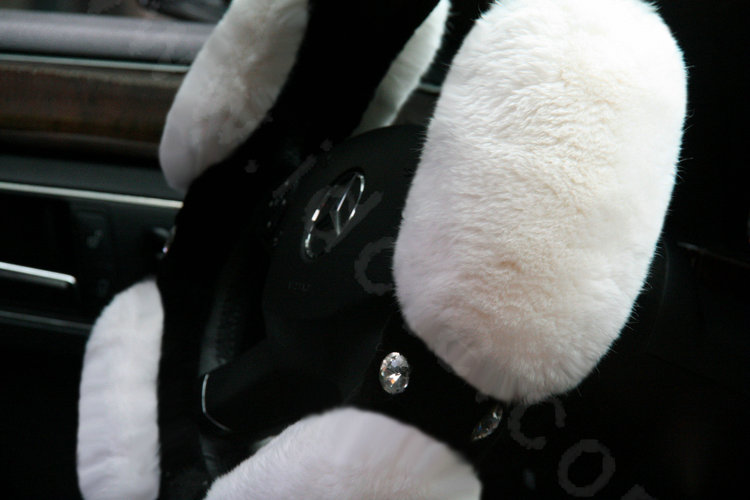 Luxury Diamond Genuine Wool With Rabbit Fur Auto Steering Wheel Covers 15 inch 38CM - White