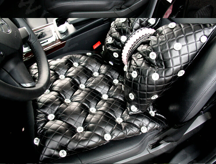 Luxury Diamond Universal Car Seat Cushion Women Bubble Leather Auto Pad 1pcs - Black