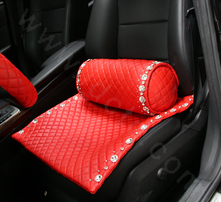 Luxury Diamond Universal Car Seat Cushion Women Genuine Sheepskin Auto Pad 1pcs - Red