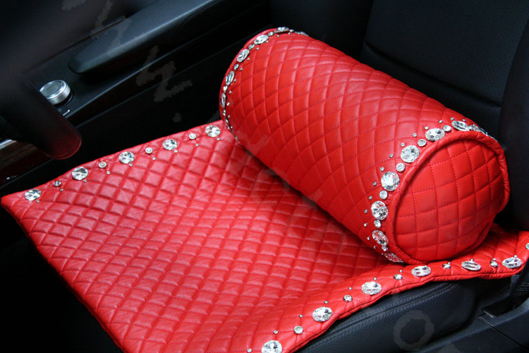 Luxury Diamond Universal Car Seat Cushion Women Genuine Sheepskin Auto Pad 1pcs - Red