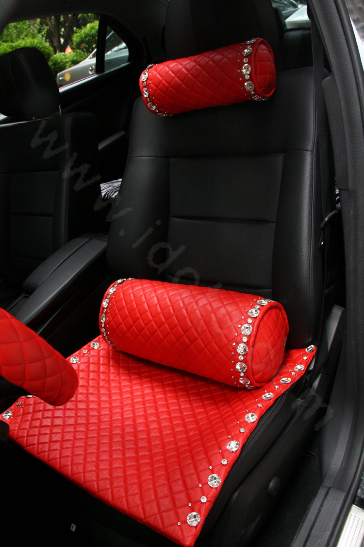 Luxury Diamond Universal Car Seat Cushion Women Genuine Sheepskin Auto Pad 1pcs - Red