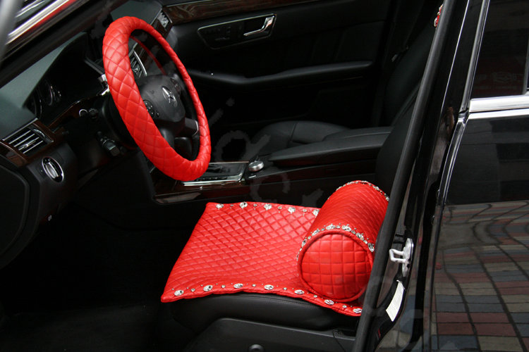 Luxury Diamond Universal Car Seat Cushion Women Genuine Sheepskin Auto Pad 1pcs - Red